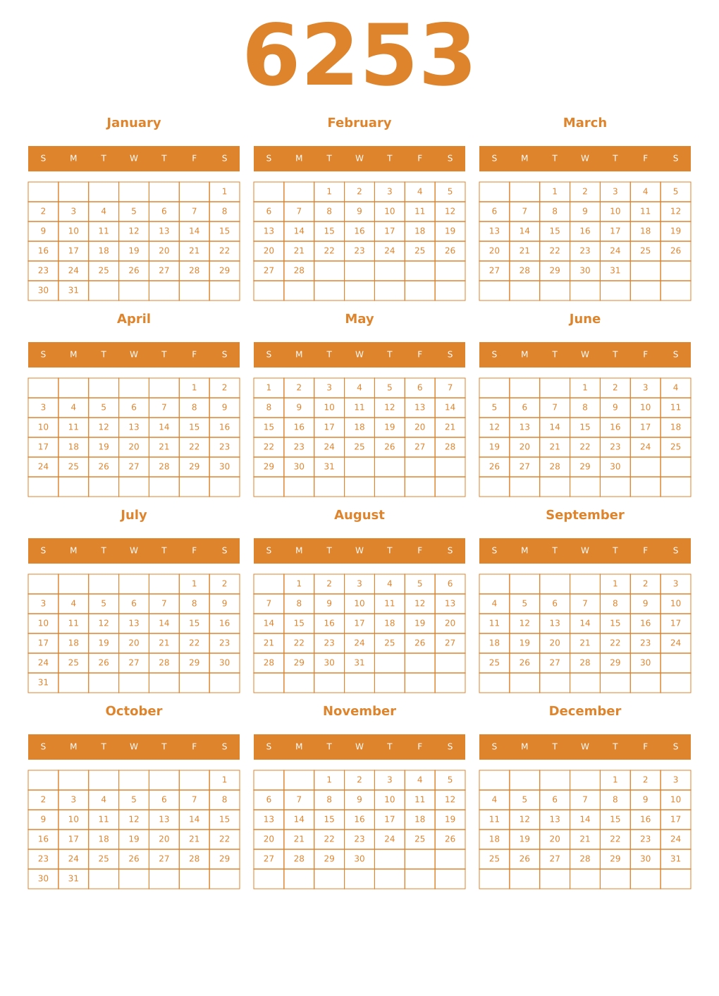 Printable 6253 Year Calendars orange