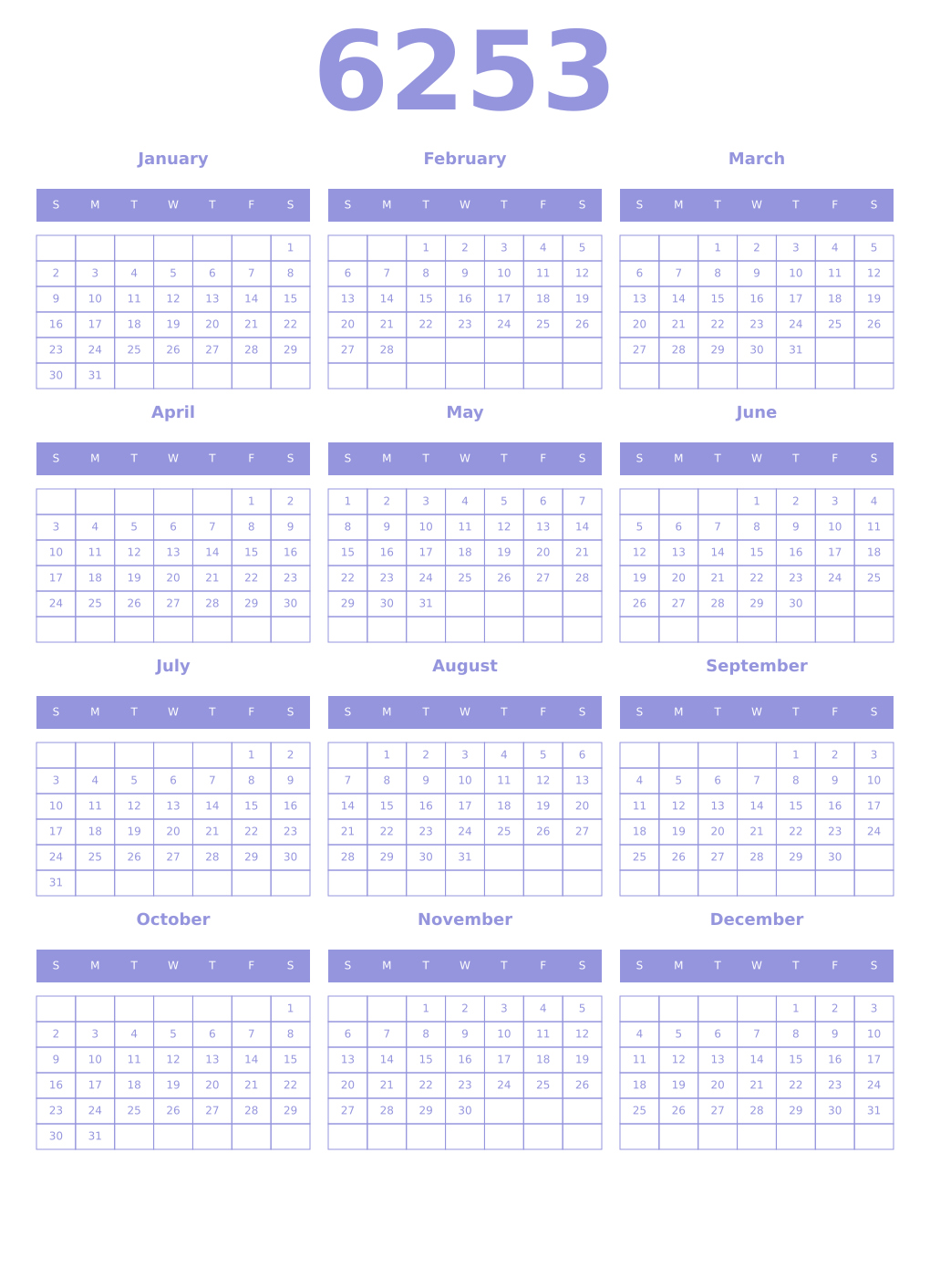 Printable 6253 Year Calendars periwinkle