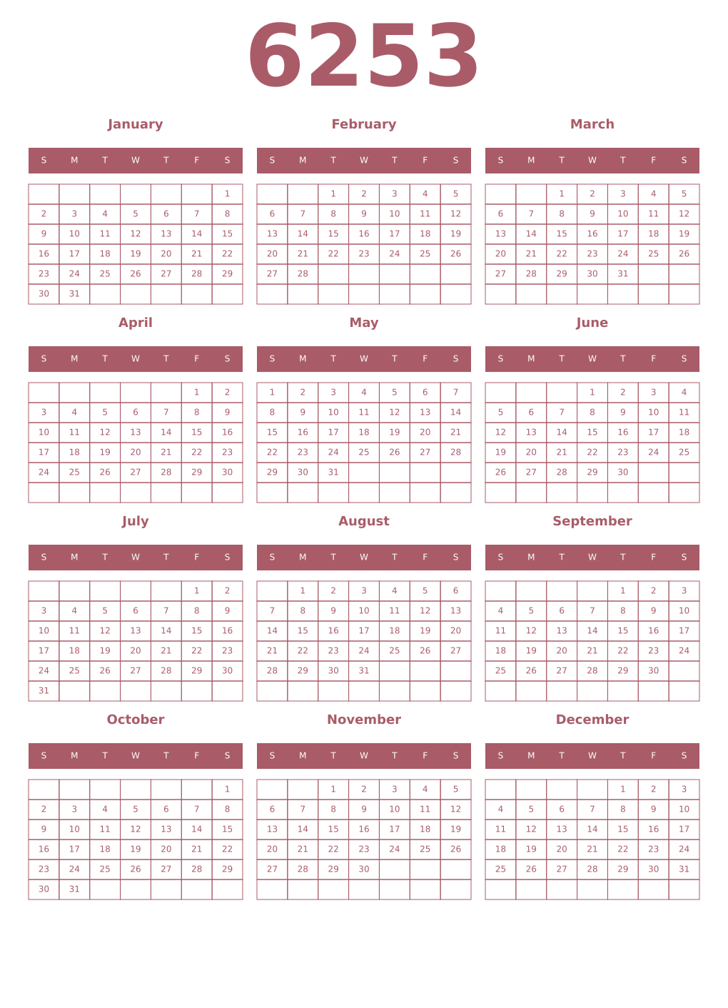 Printable 6253 Year Calendars puce