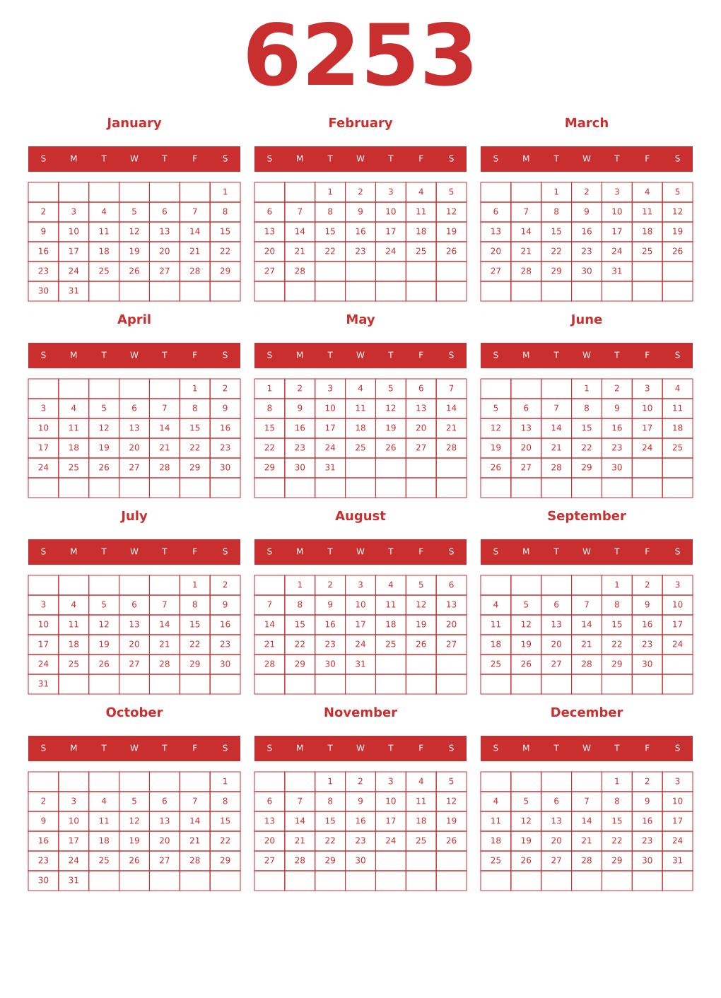 Printable 6253 Year Calendars red