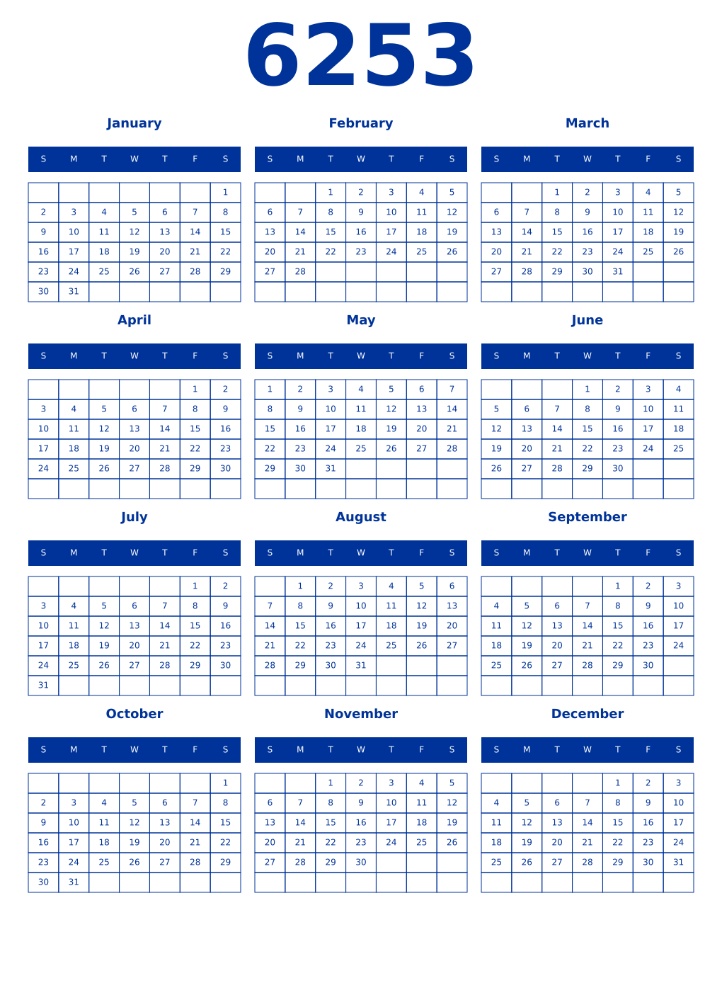 Printable 6253 Year Calendars smalt
