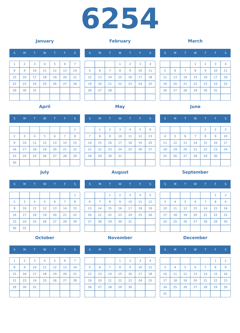Printable 6254 Year Calendars blue
