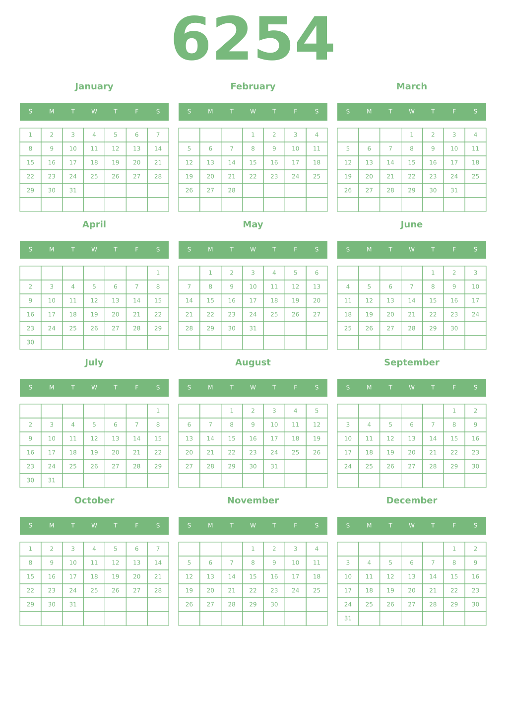 Printable 6254 Year Calendars celadon