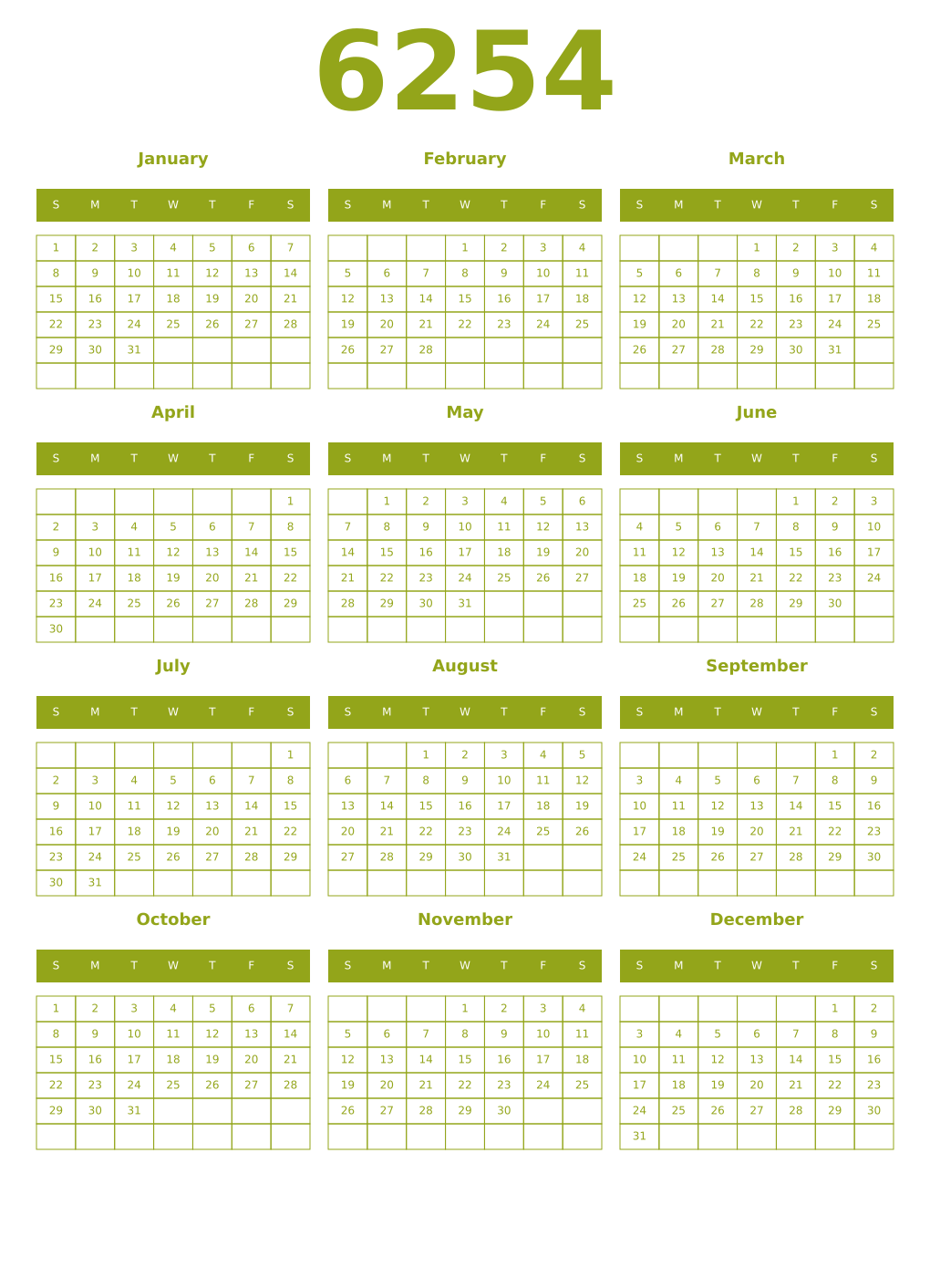 Printable 6254 Year Calendars chartreuse