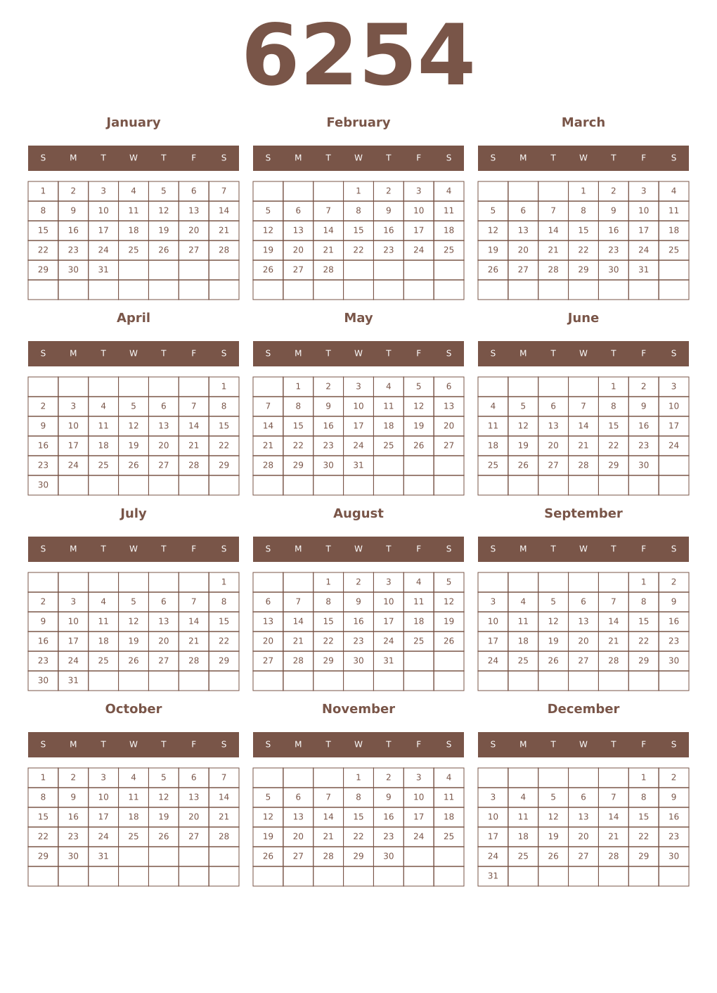 Printable 6254 Year Calendars coffe