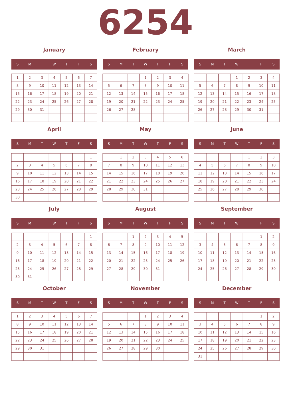 Printable 6254 Year Calendars cordovan