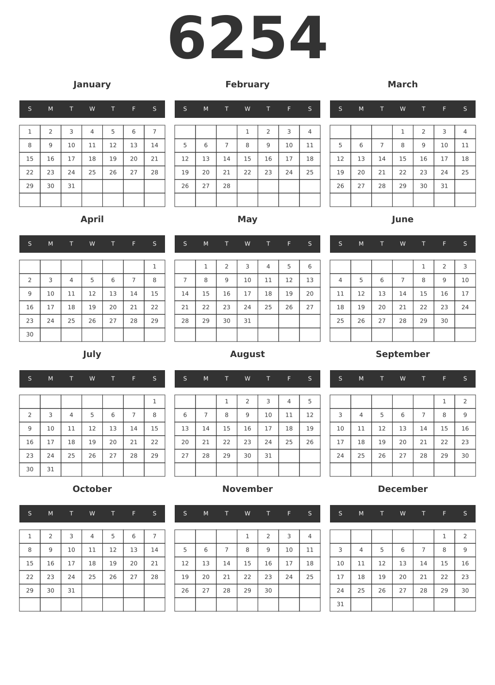 Printable 6254 Year Calendars dark