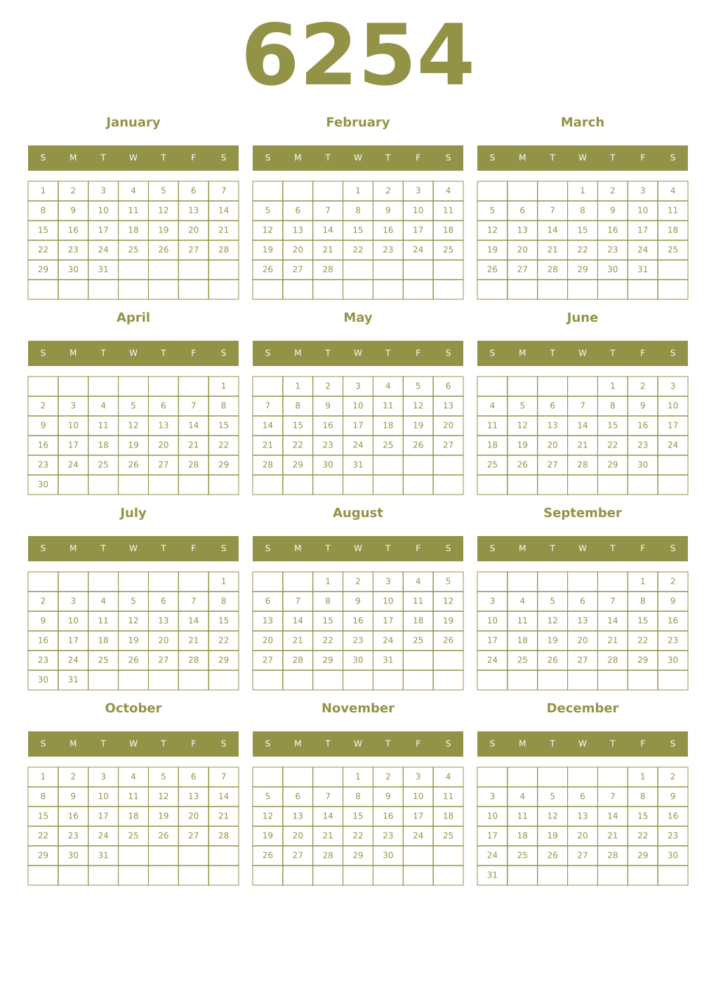 Printable 6254 Year Calendars eburnean