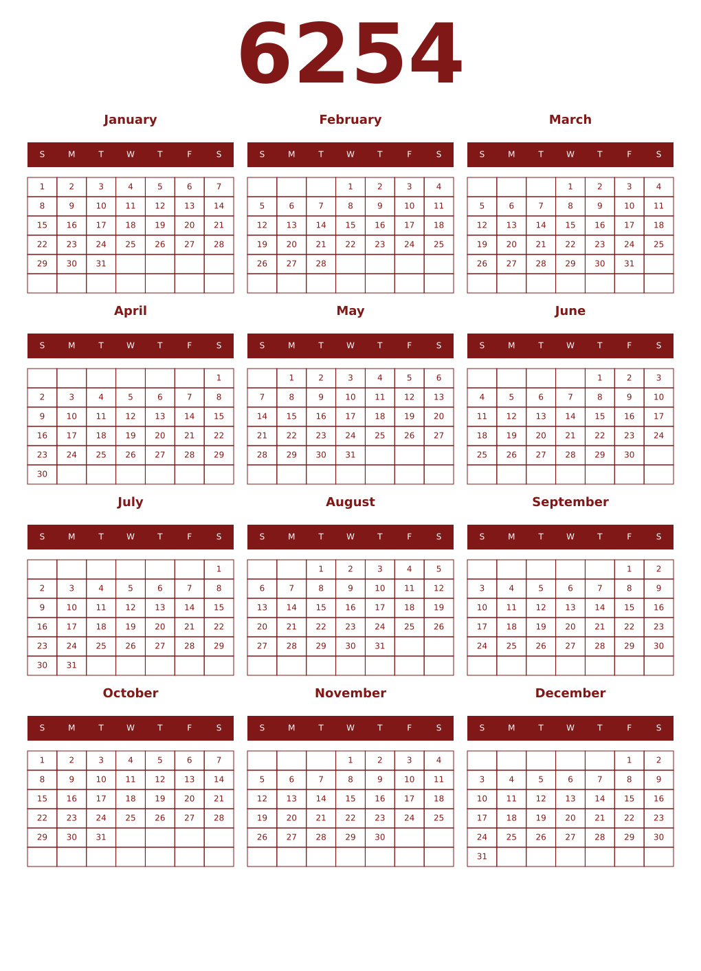 Printable 6254 Year Calendars falu
