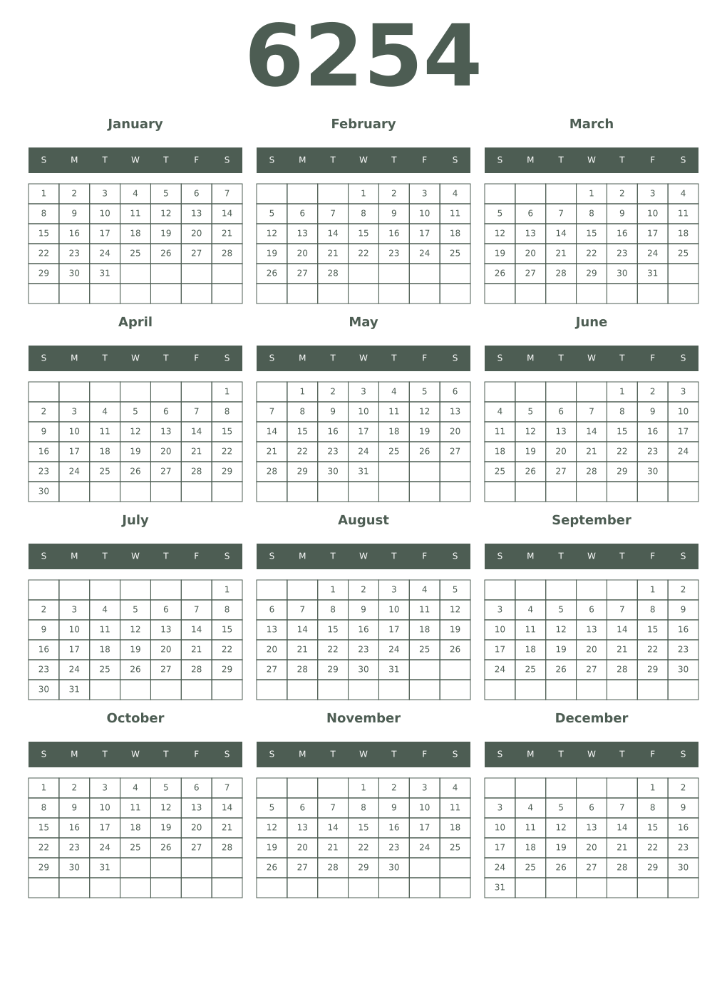 Printable 6254 Year Calendars feldgrau