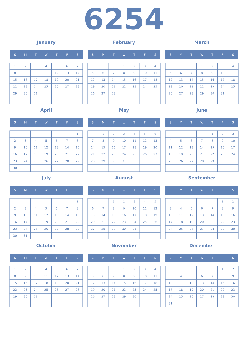 Printable 6254 Year Calendars glaucous