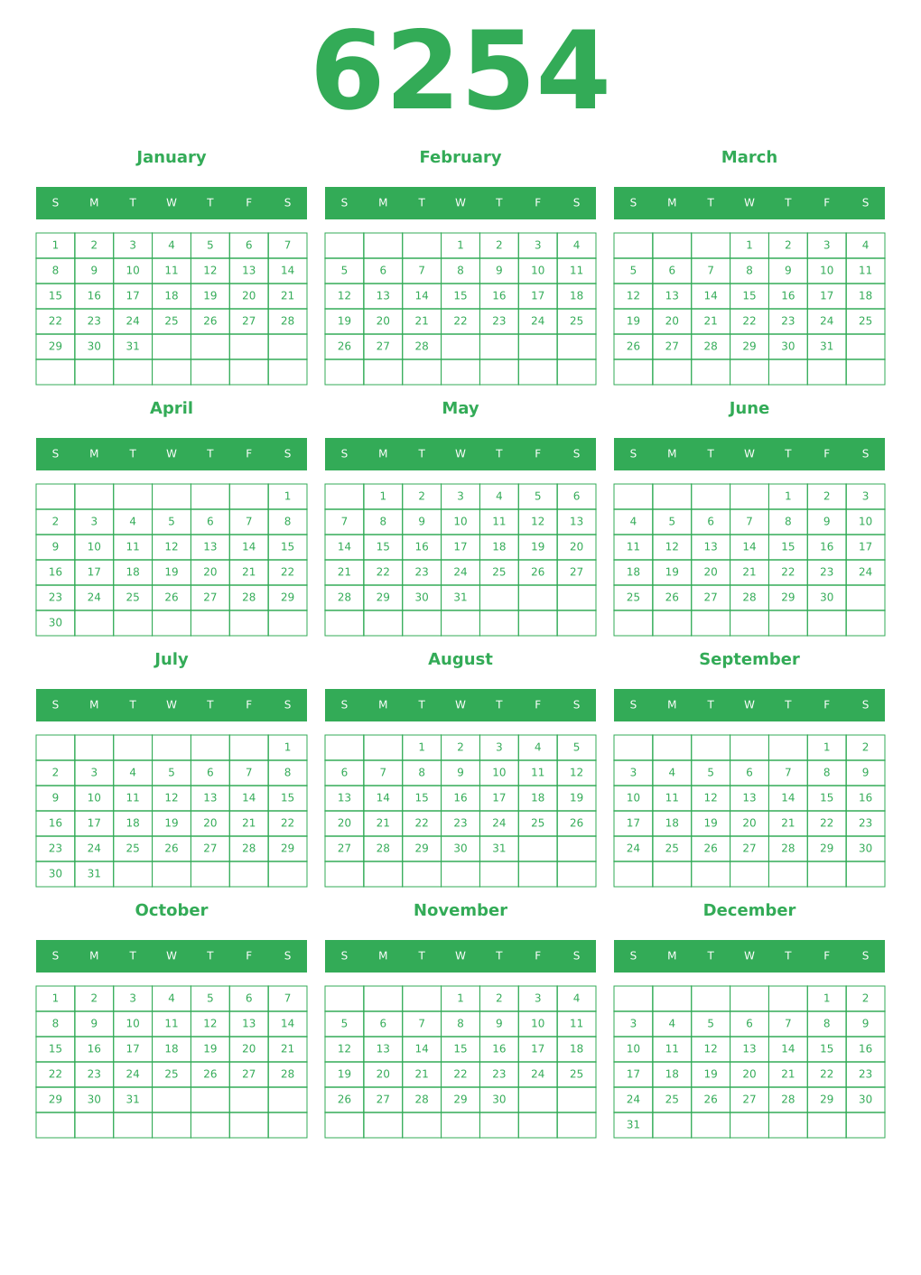 Printable 6254 Year Calendars green