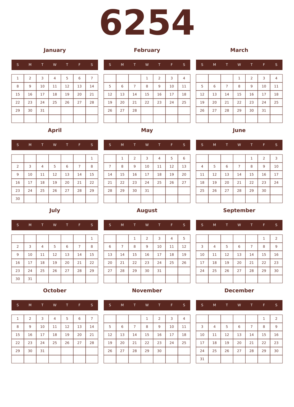 Printable 6254 Year Calendars mortuum