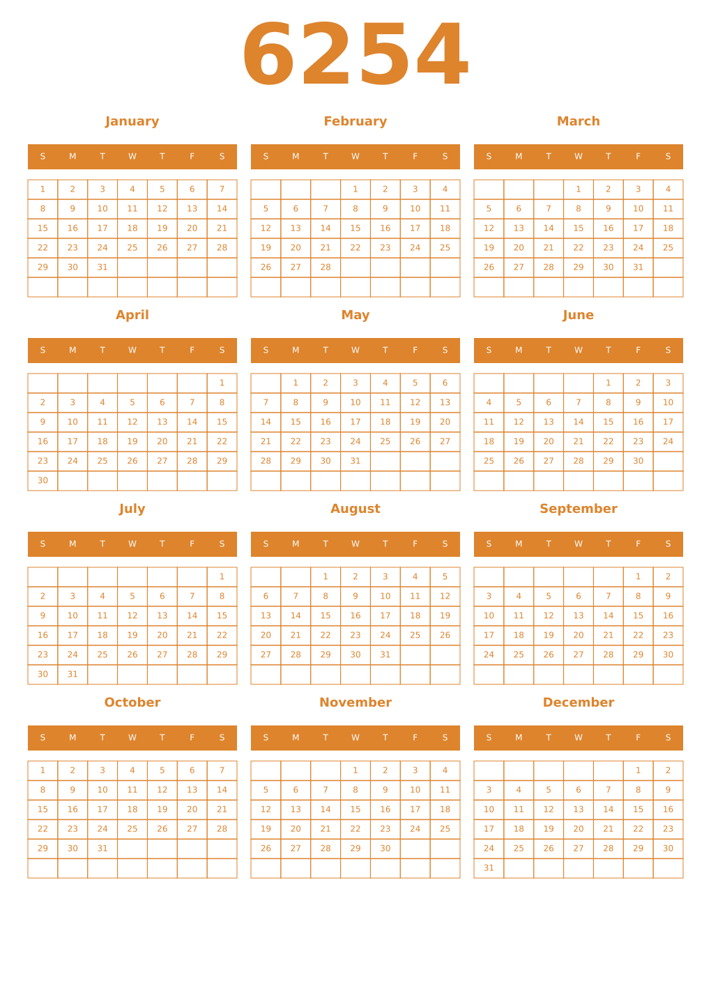 Printable 6254 Year Calendars orange