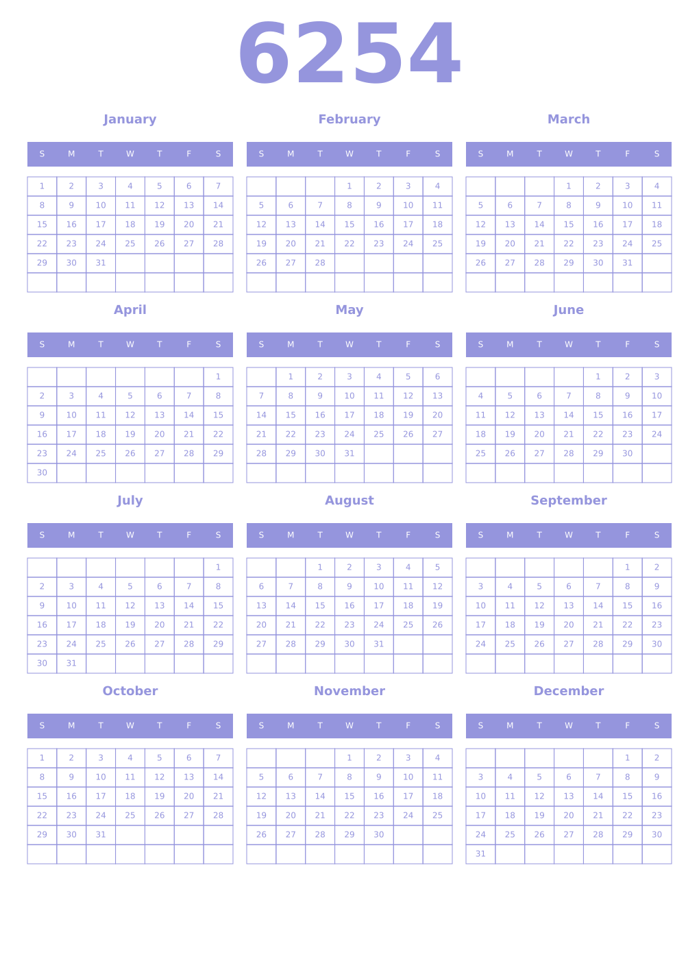 Printable 6254 Year Calendars periwinkle