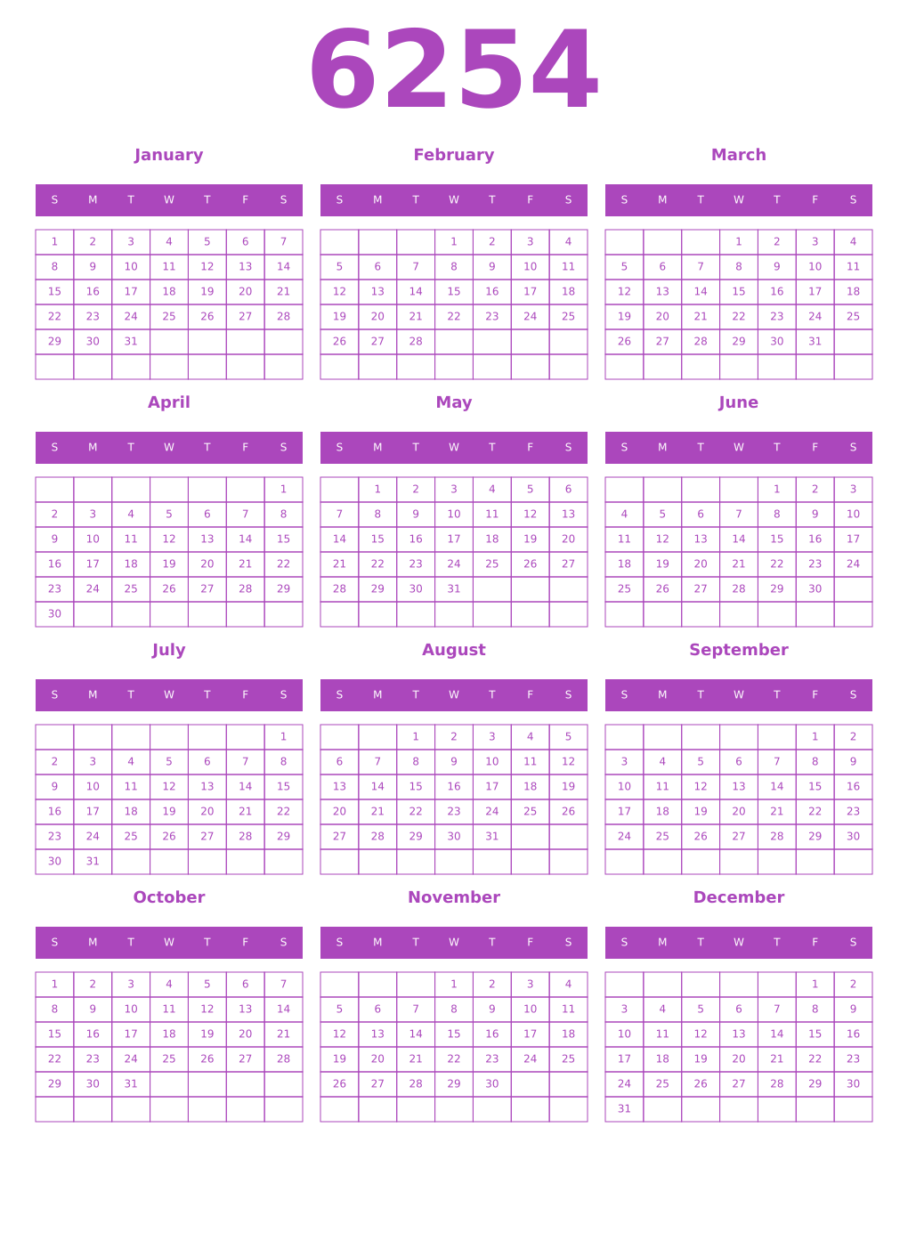 Printable 6254 Year Calendars purple