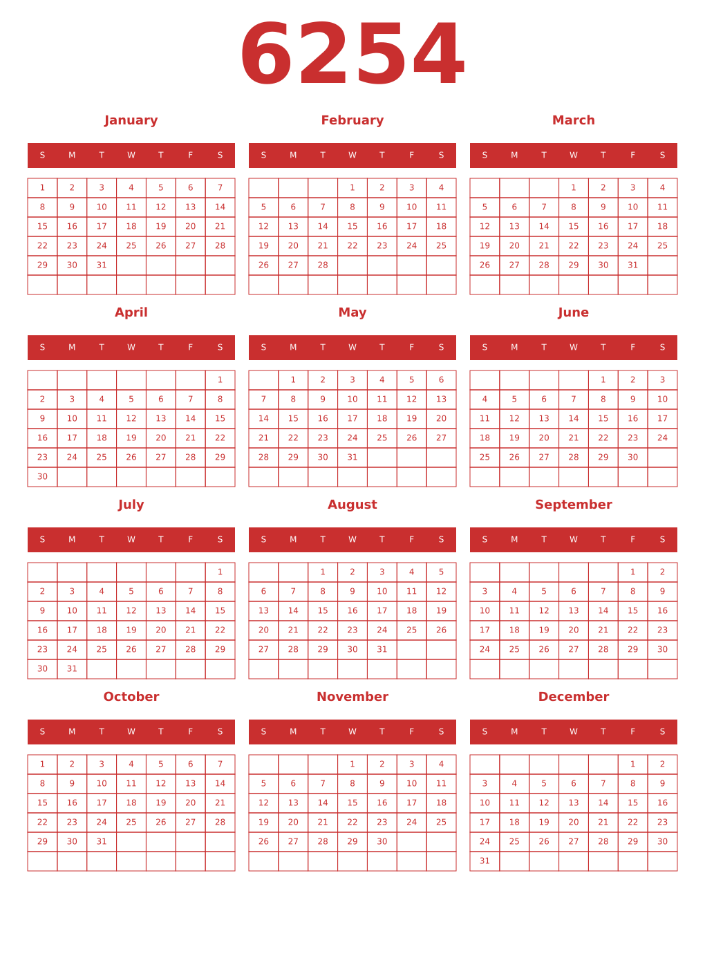 Printable 6254 Year Calendars red