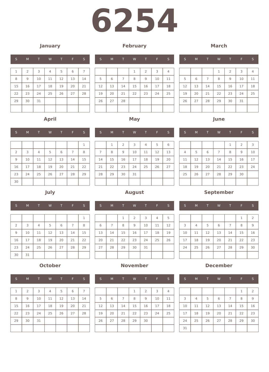 Printable 6254 Year Calendars wenge