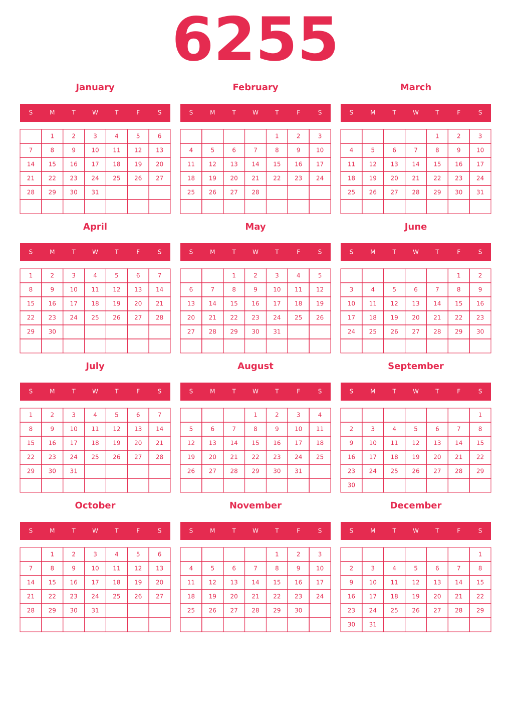 Printable 6255 Year Calendars amaranth