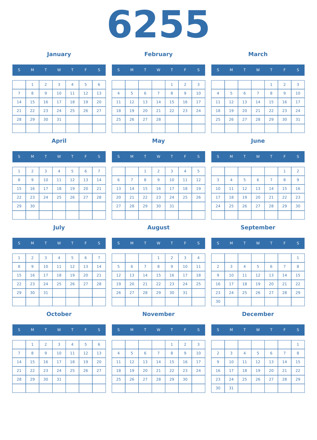 Printable 6255 Year Calendars blue