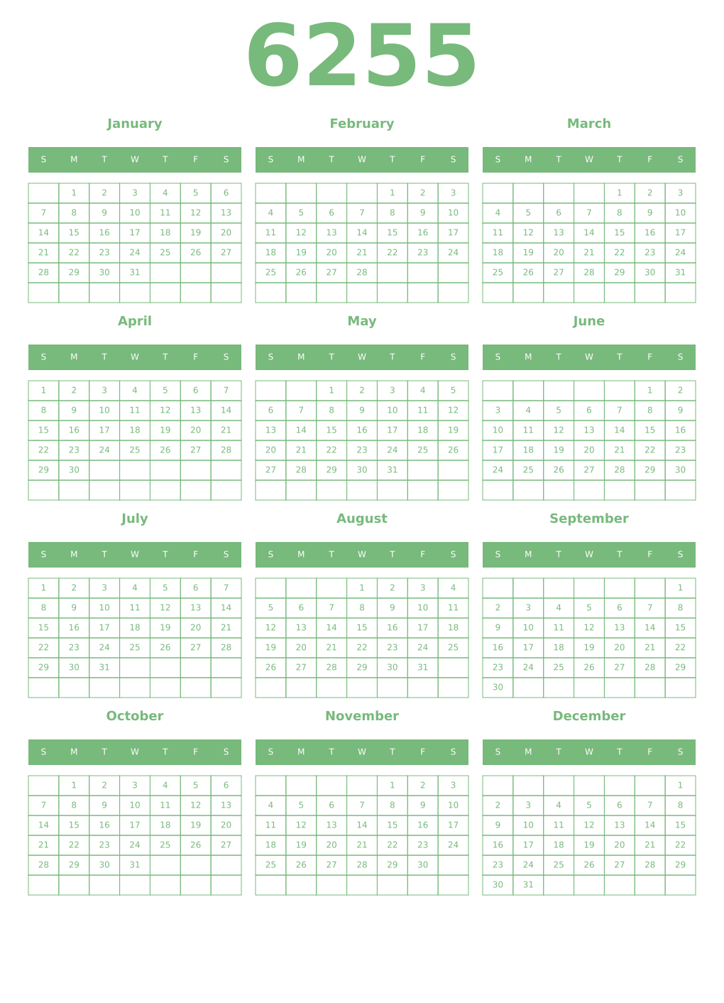 Printable 6255 Year Calendars celadon