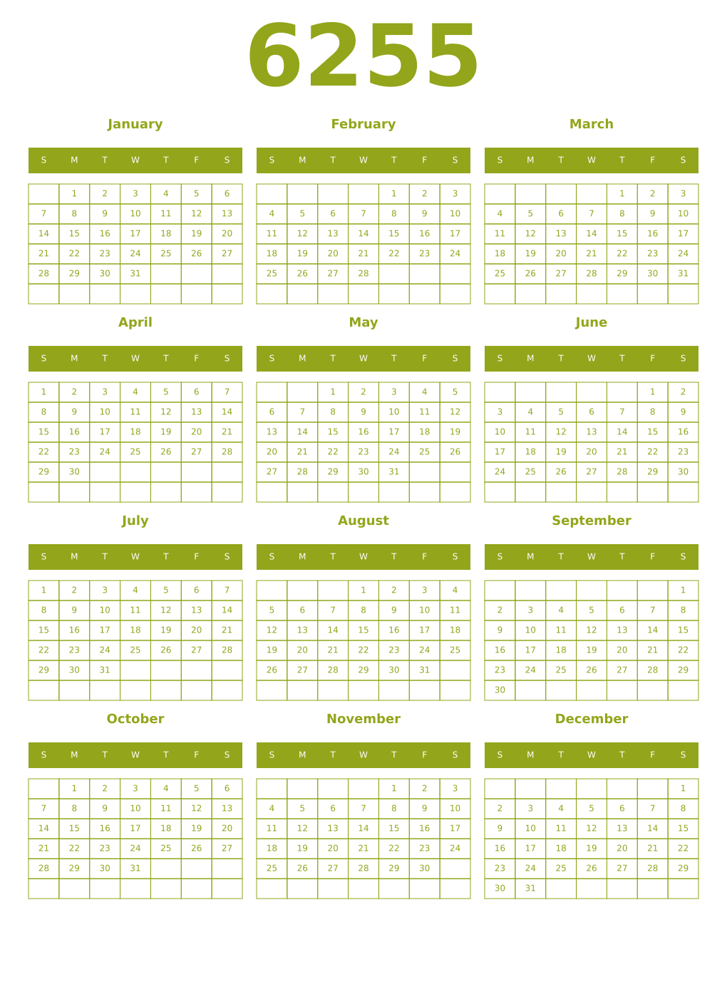 Printable 6255 Year Calendars chartreuse