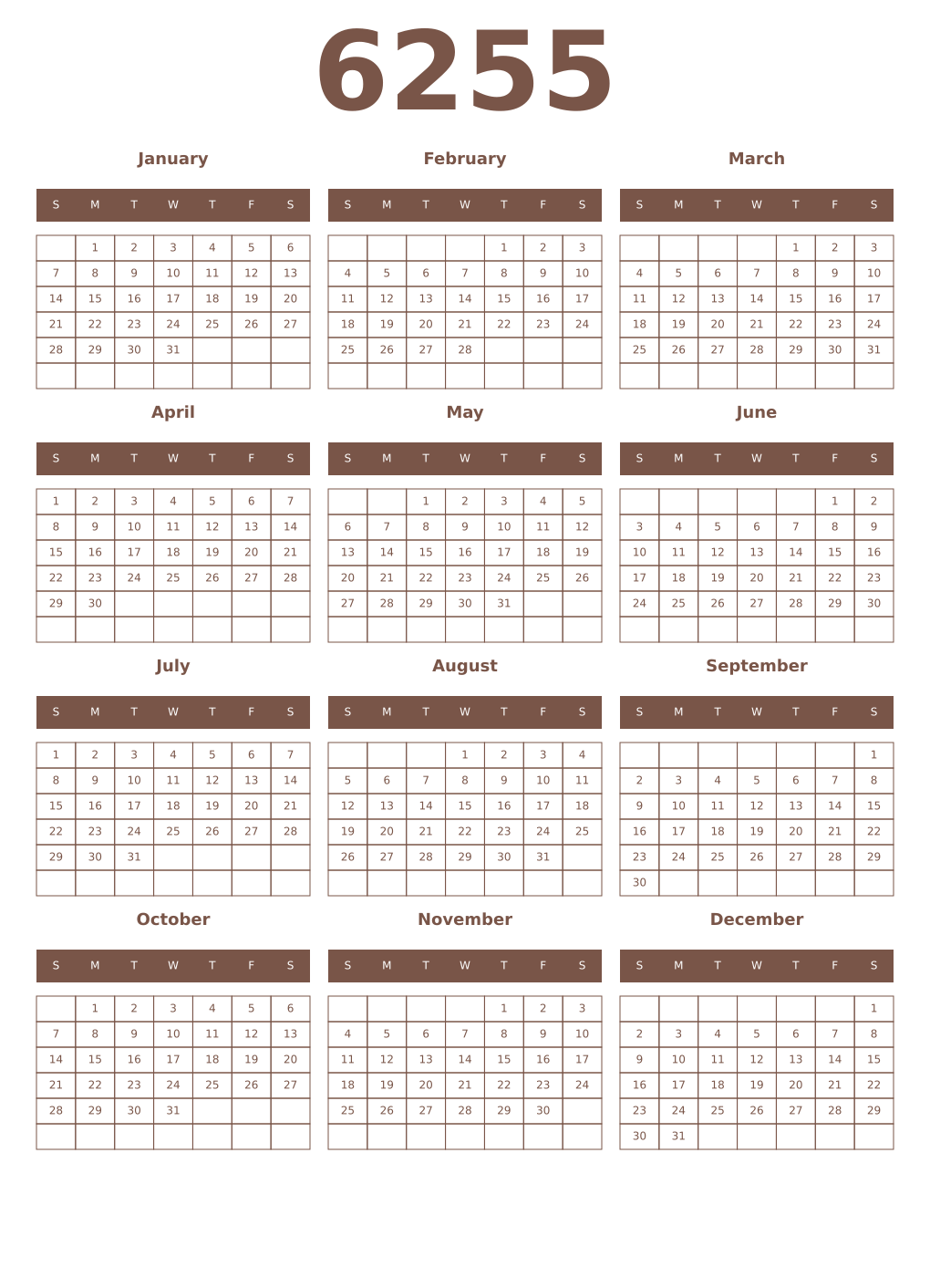 Printable 6255 Year Calendars coffe