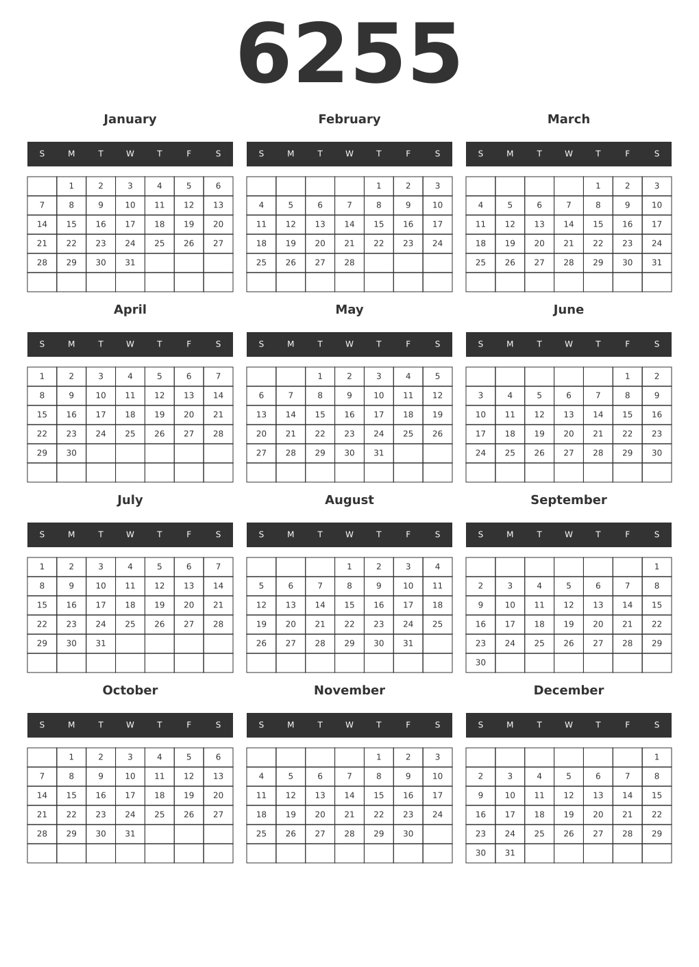 Printable 6255 Year Calendars dark