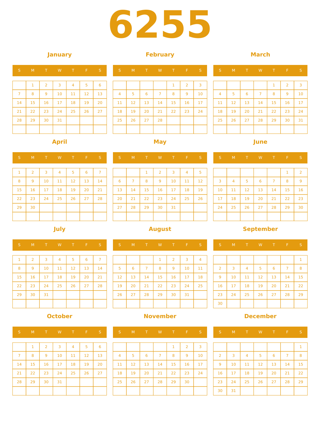 Printable 6255 Year Calendars gamboge