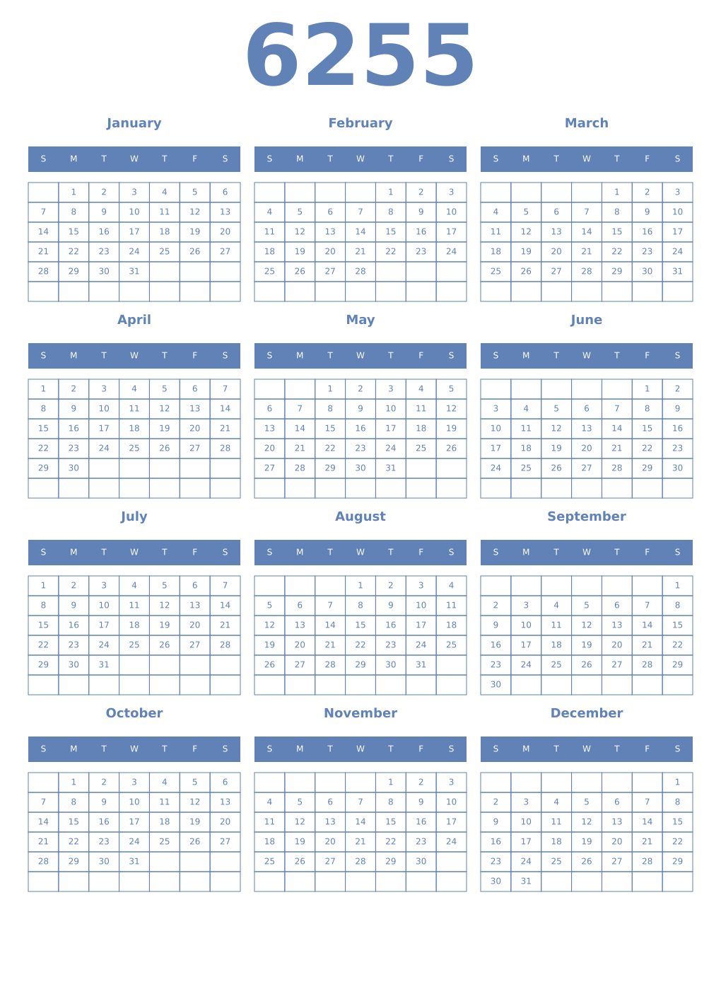 Printable 6255 Year Calendars glaucous