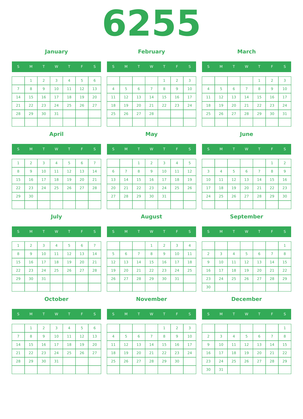 Printable 6255 Year Calendars green