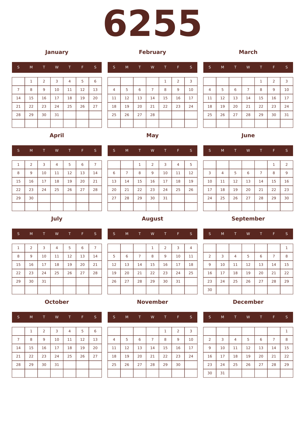 Printable 6255 Year Calendars mortuum