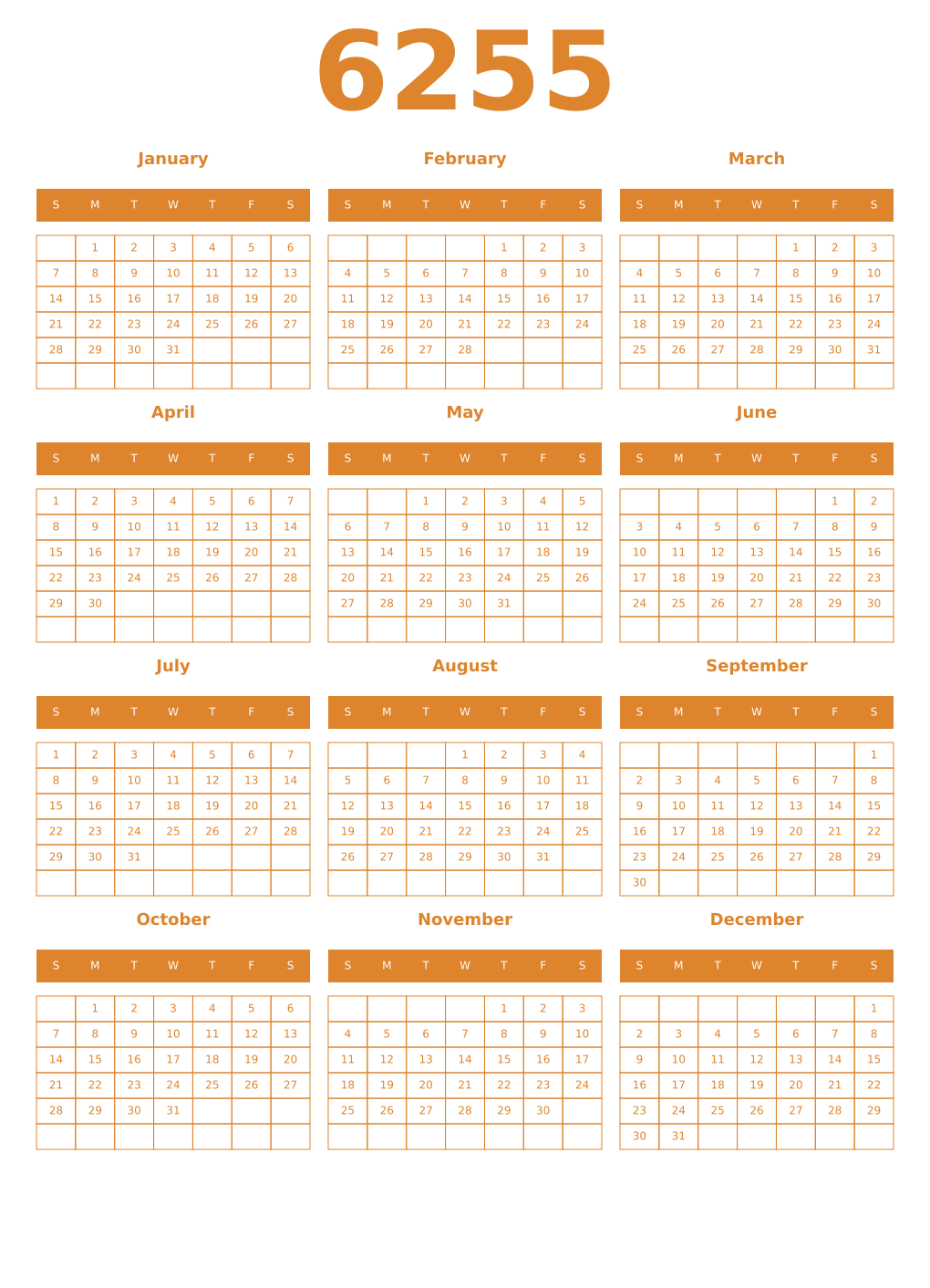 Printable 6255 Year Calendars orange