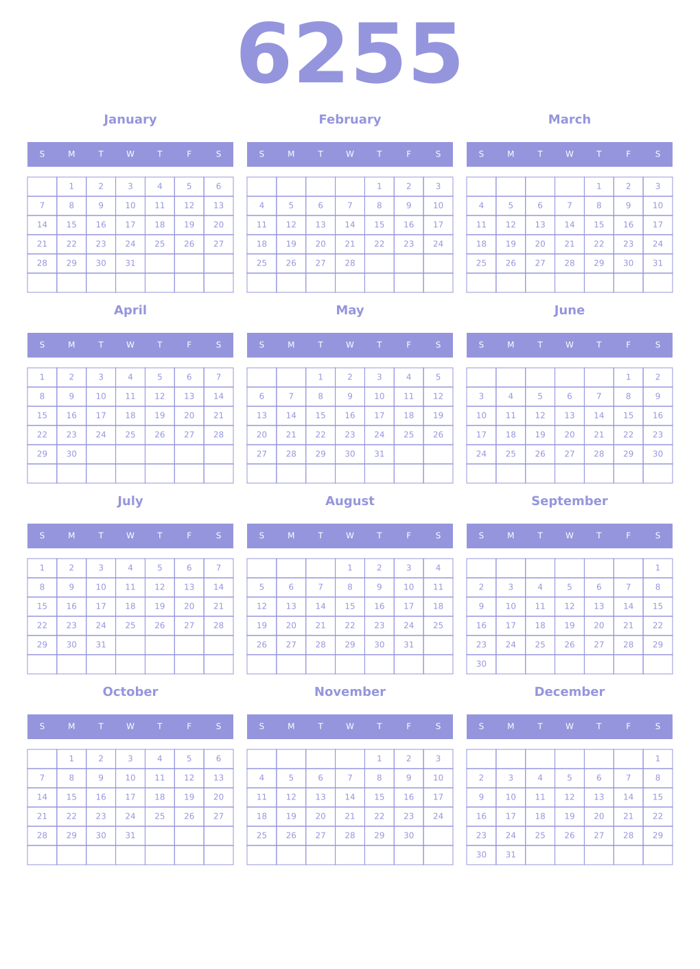 Printable 6255 Year Calendars periwinkle