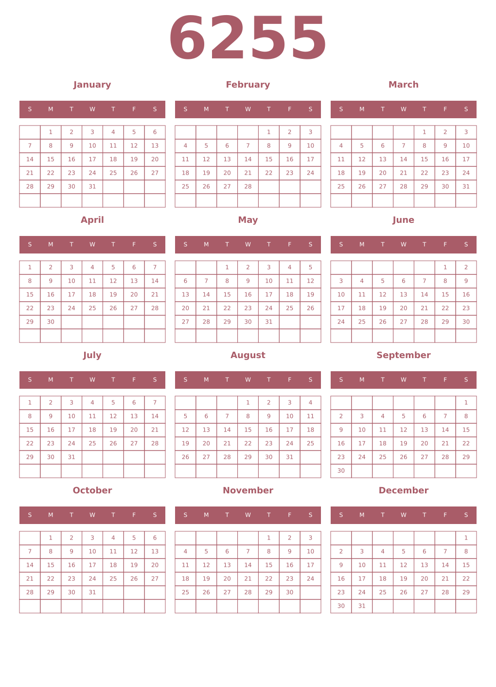 Printable 6255 Year Calendars puce