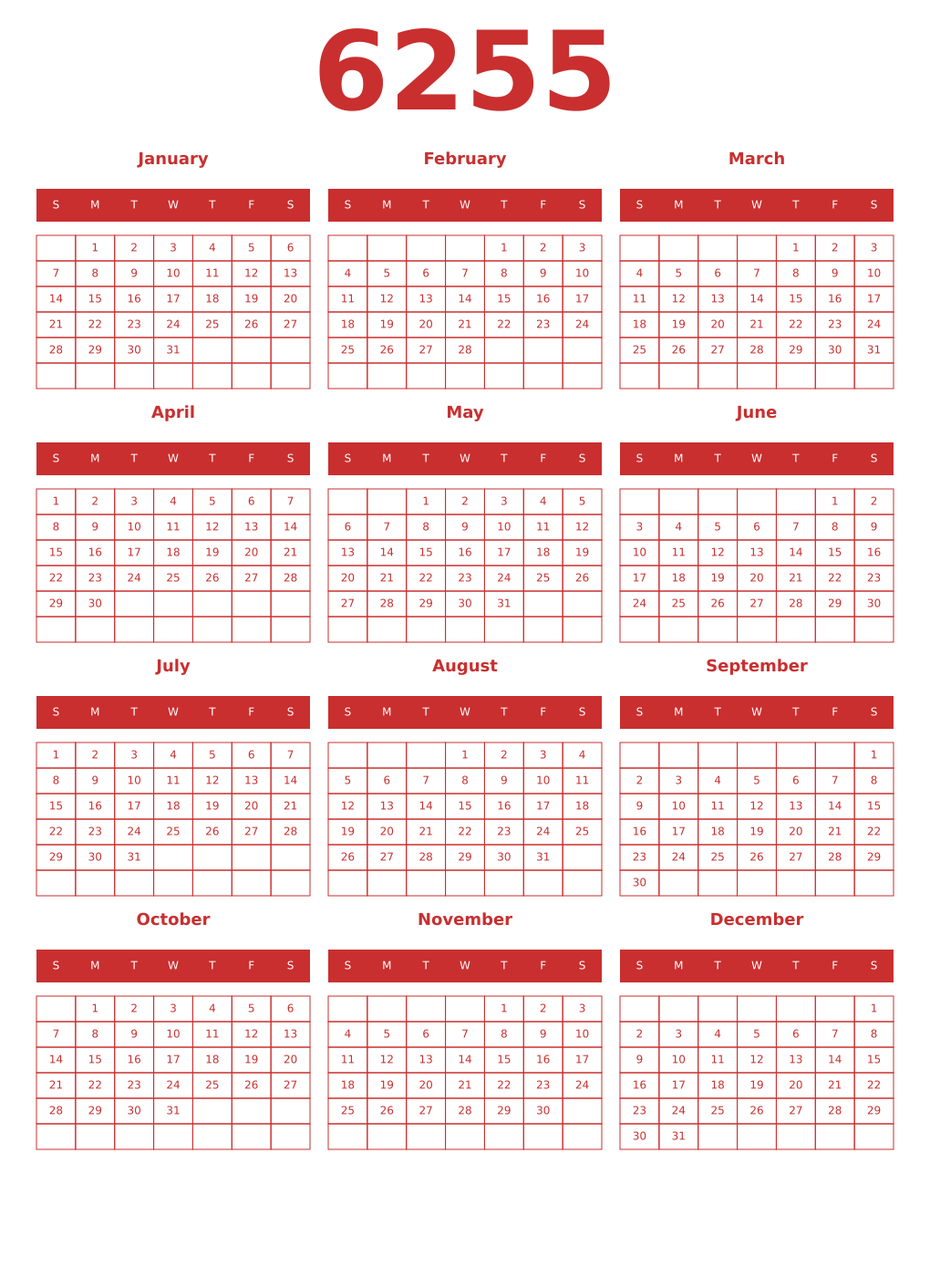 Printable 6255 Year Calendars red