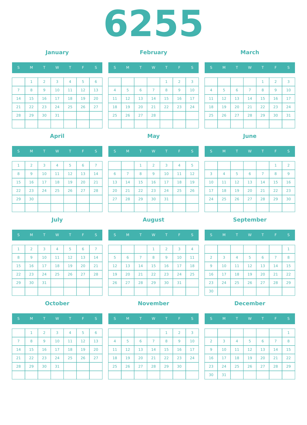 Printable 6255 Year Calendars verdigris
