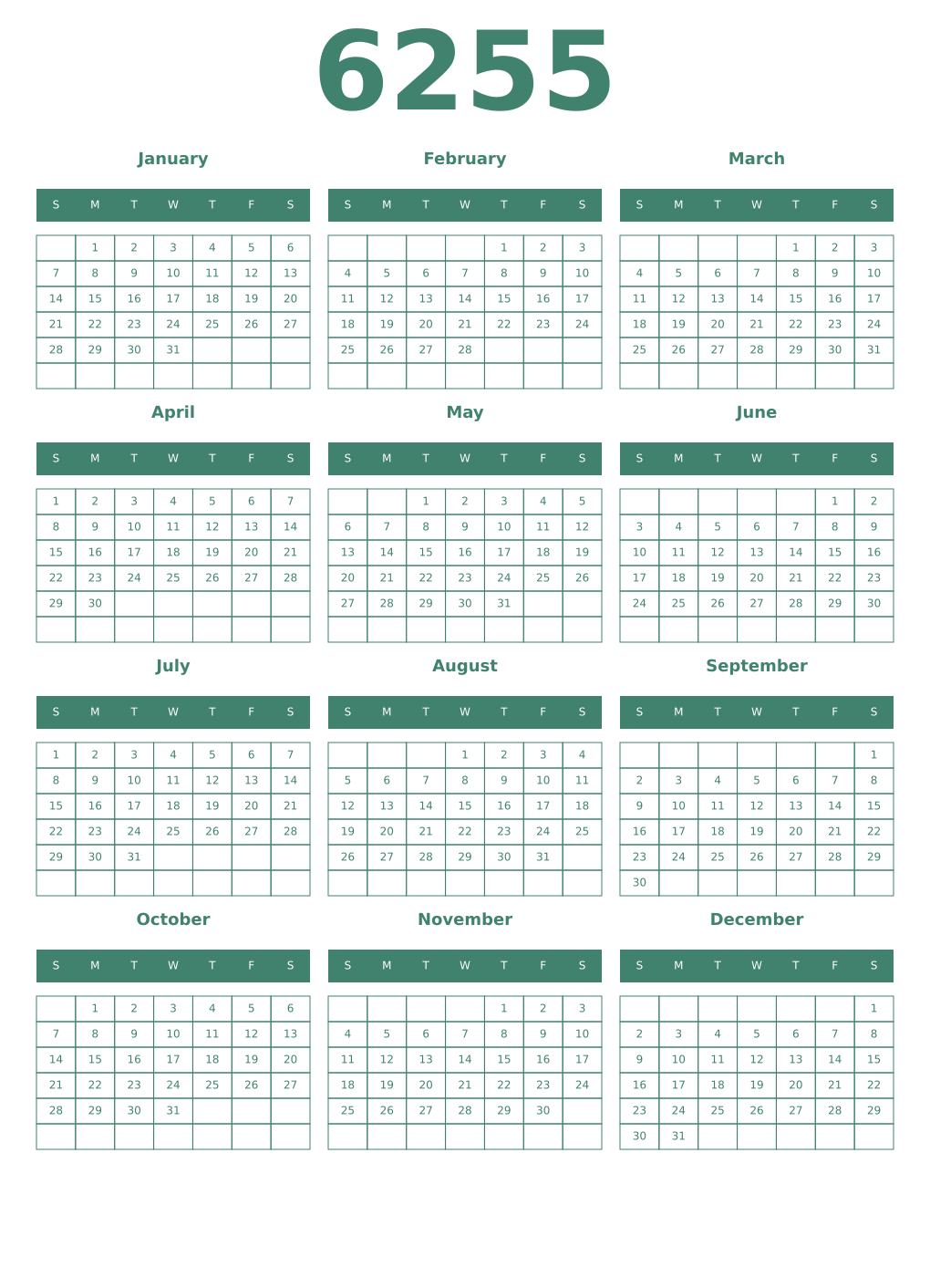 Printable 6255 Year Calendars viridian