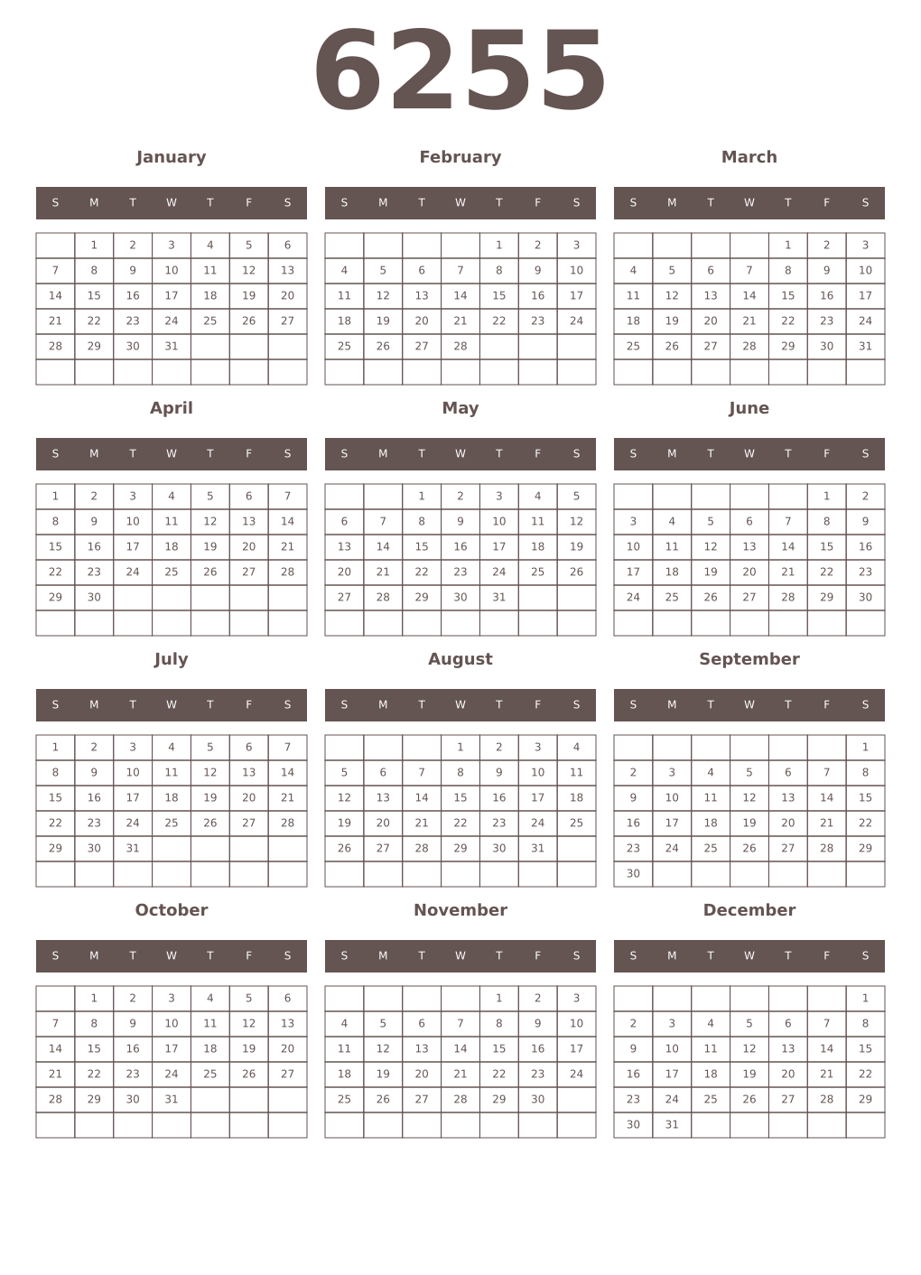Printable 6255 Year Calendars wenge