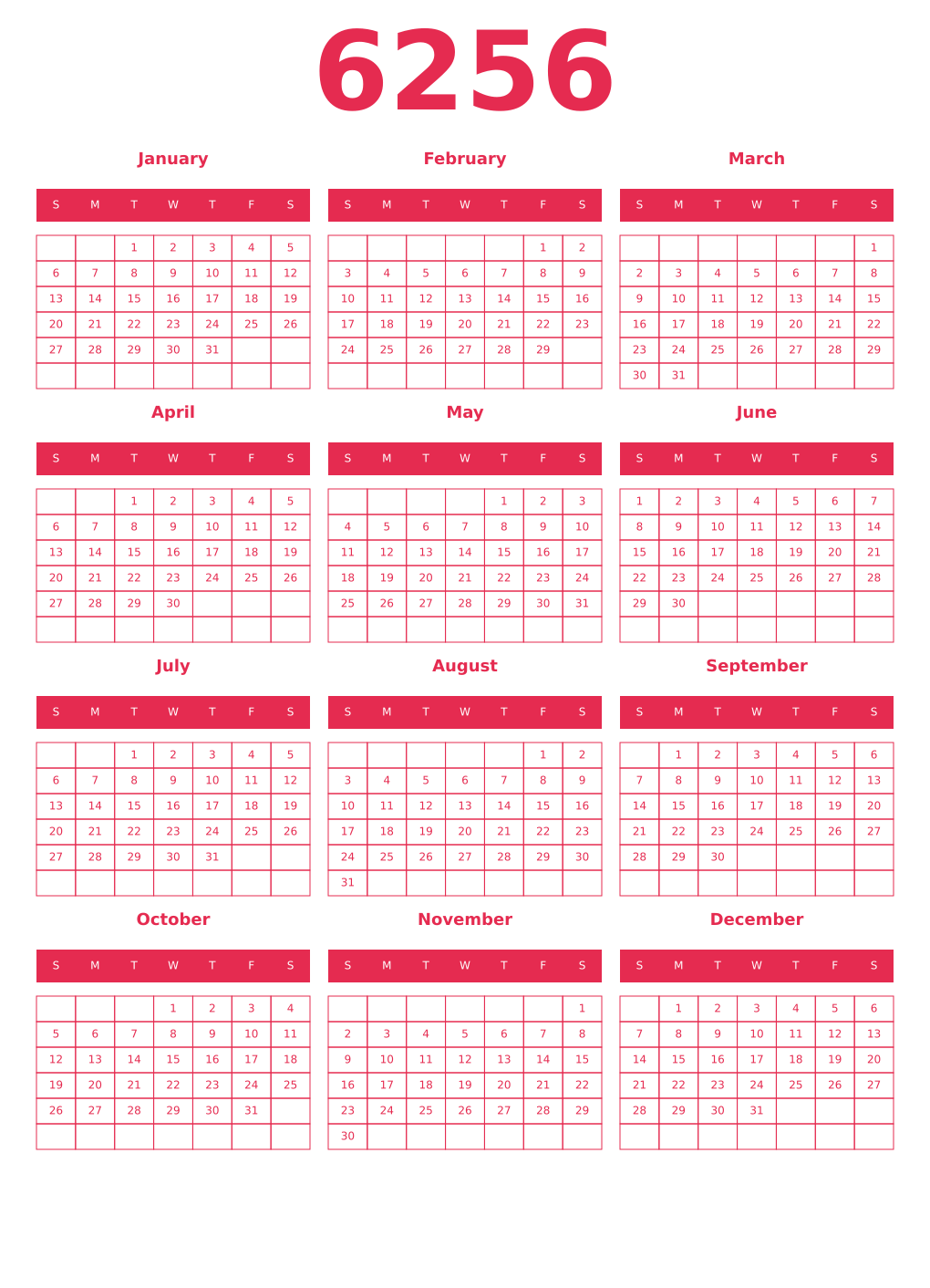 Printable 6256 Year Calendars amaranth
