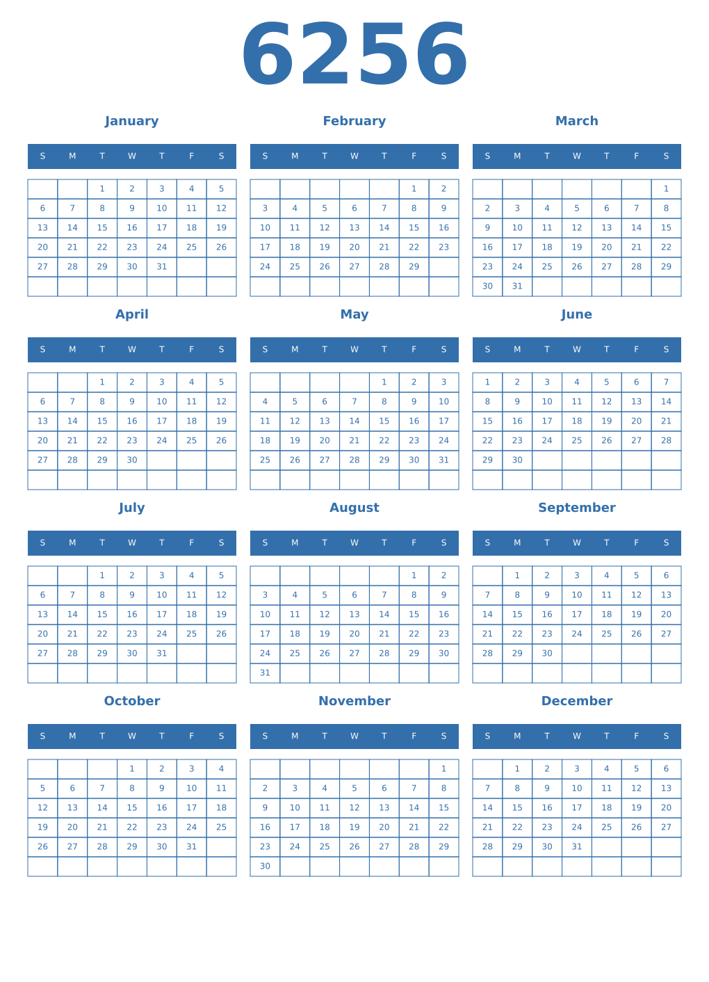 Printable 6256 Year Calendars blue