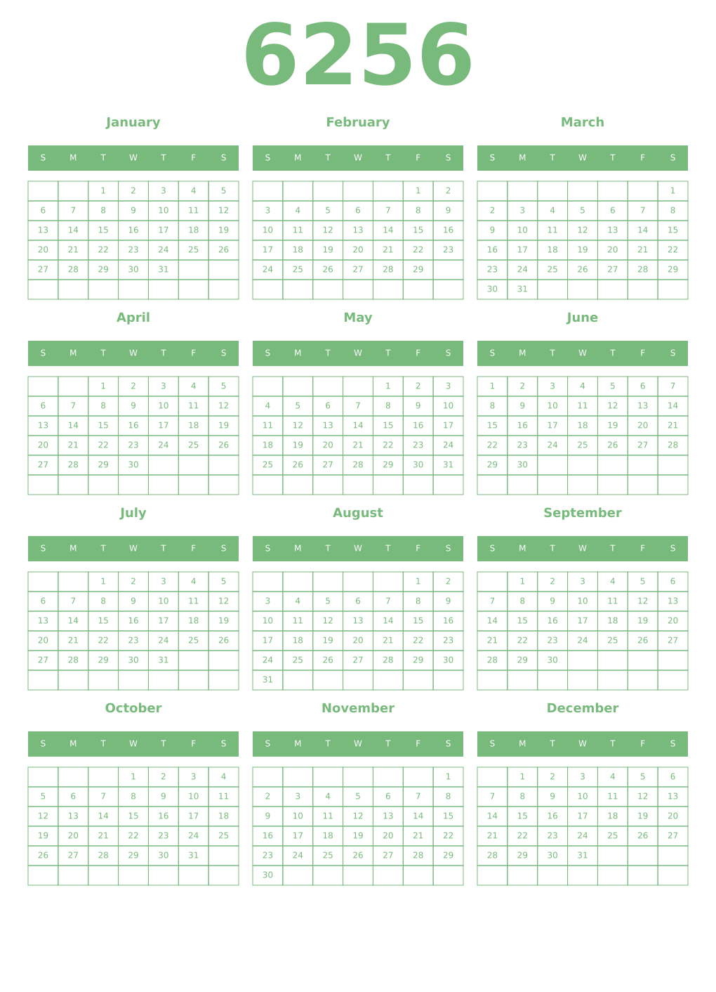 Printable 6256 Year Calendars celadon