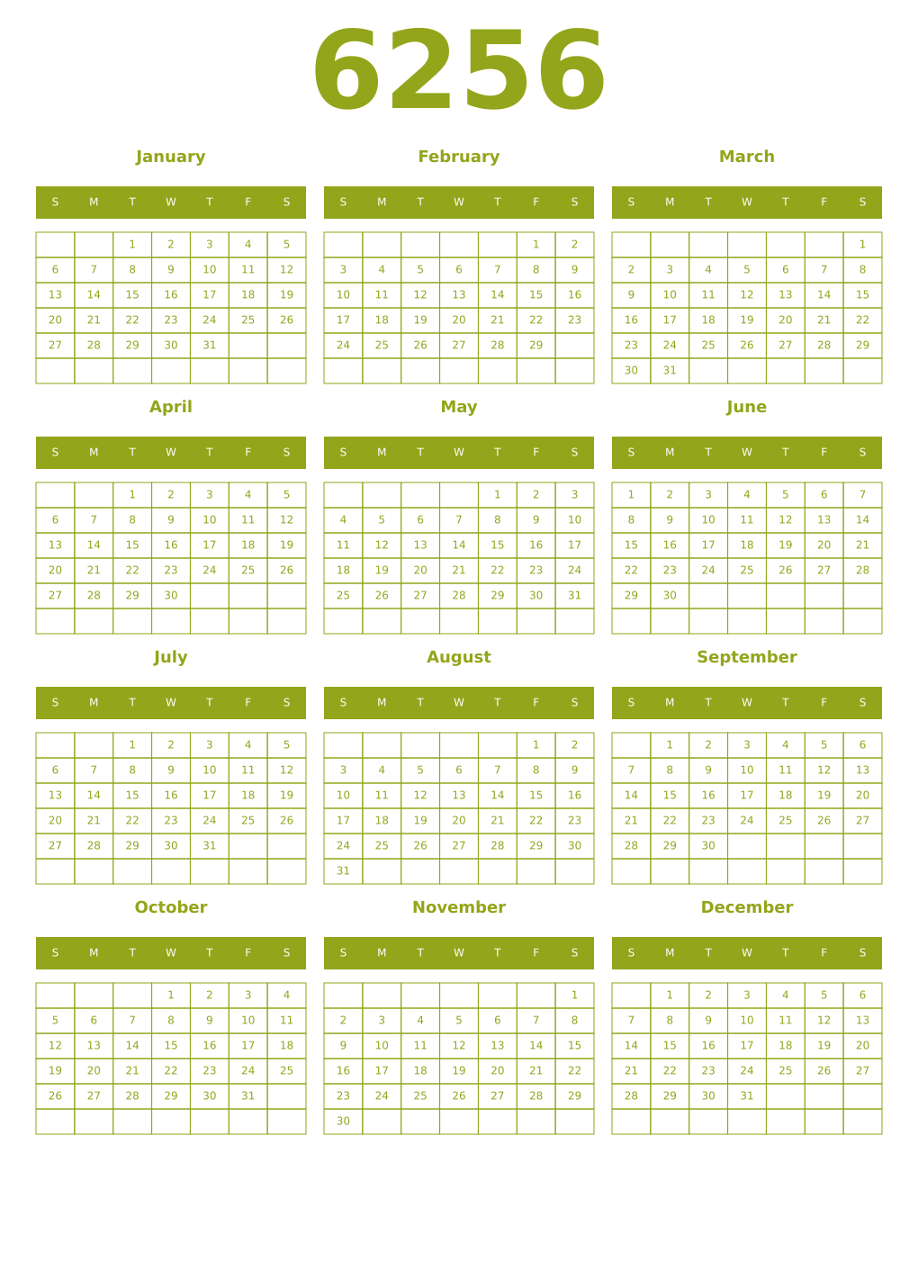 Printable 6256 Year Calendars chartreuse