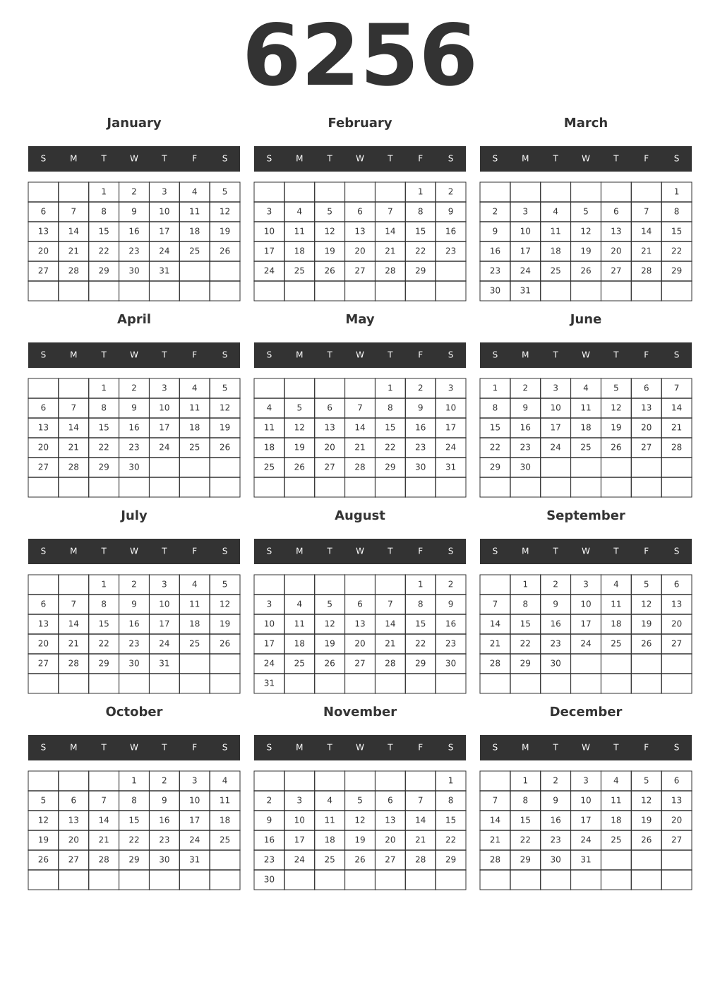 Printable 6256 Year Calendars dark