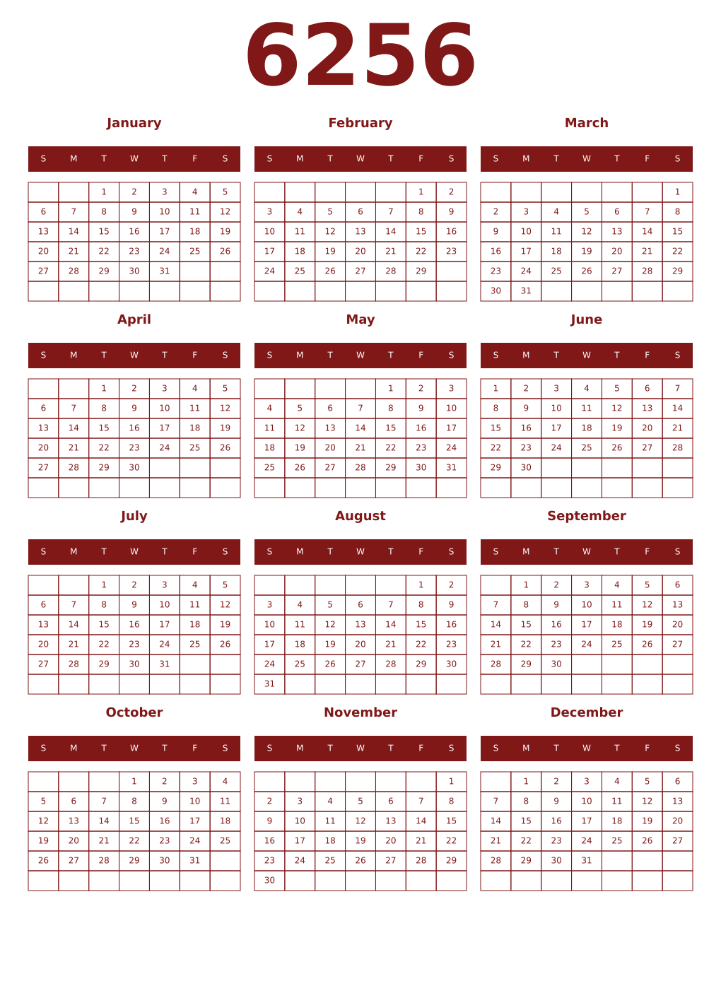 Printable 6256 Year Calendars falu