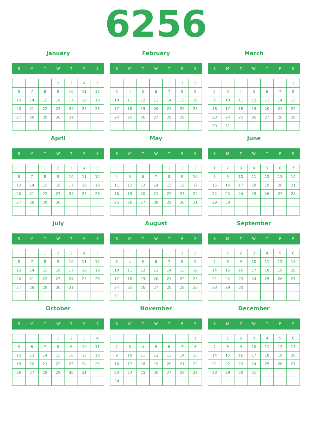 Printable 6256 Year Calendars green