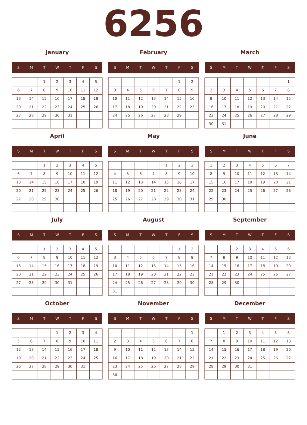 Printable 6256 Year Calendars mortuum