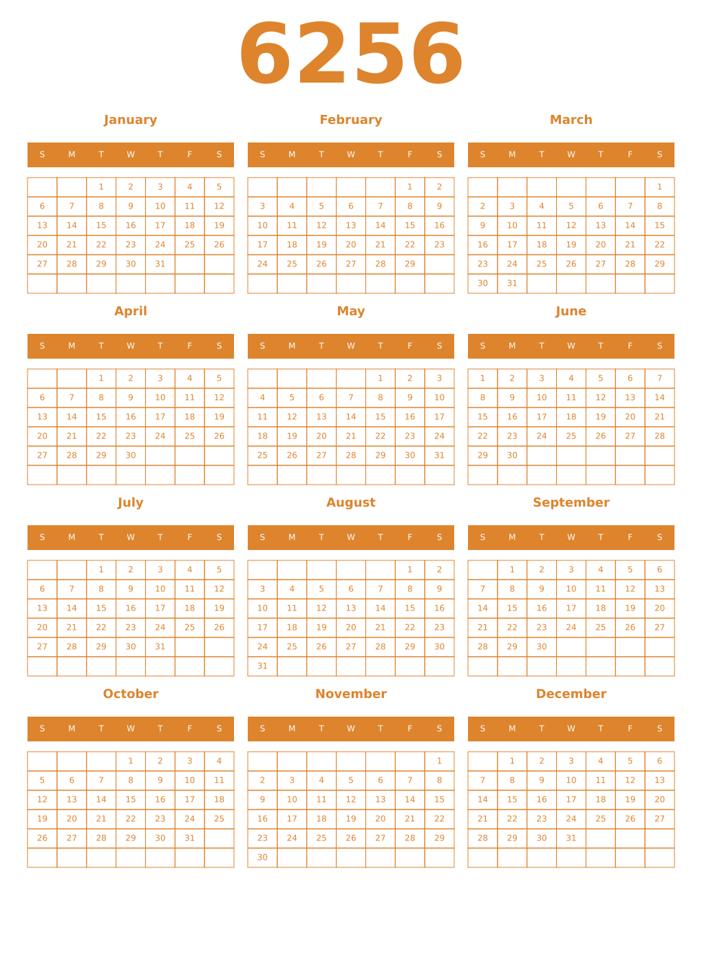 Printable 6256 Year Calendars orange