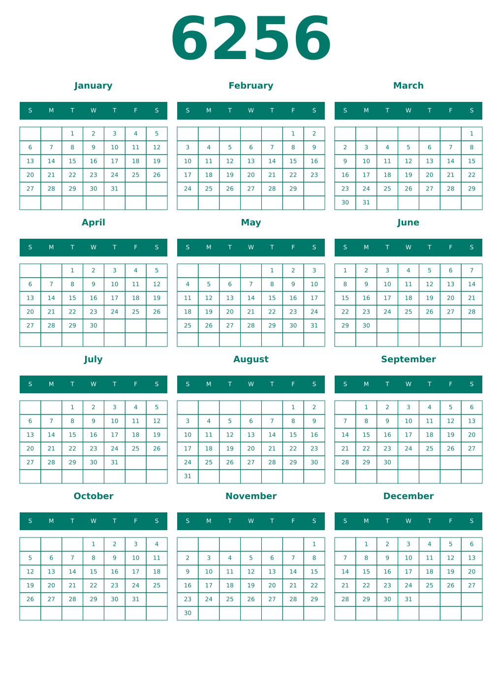 Printable 6256 Year Calendars pastel