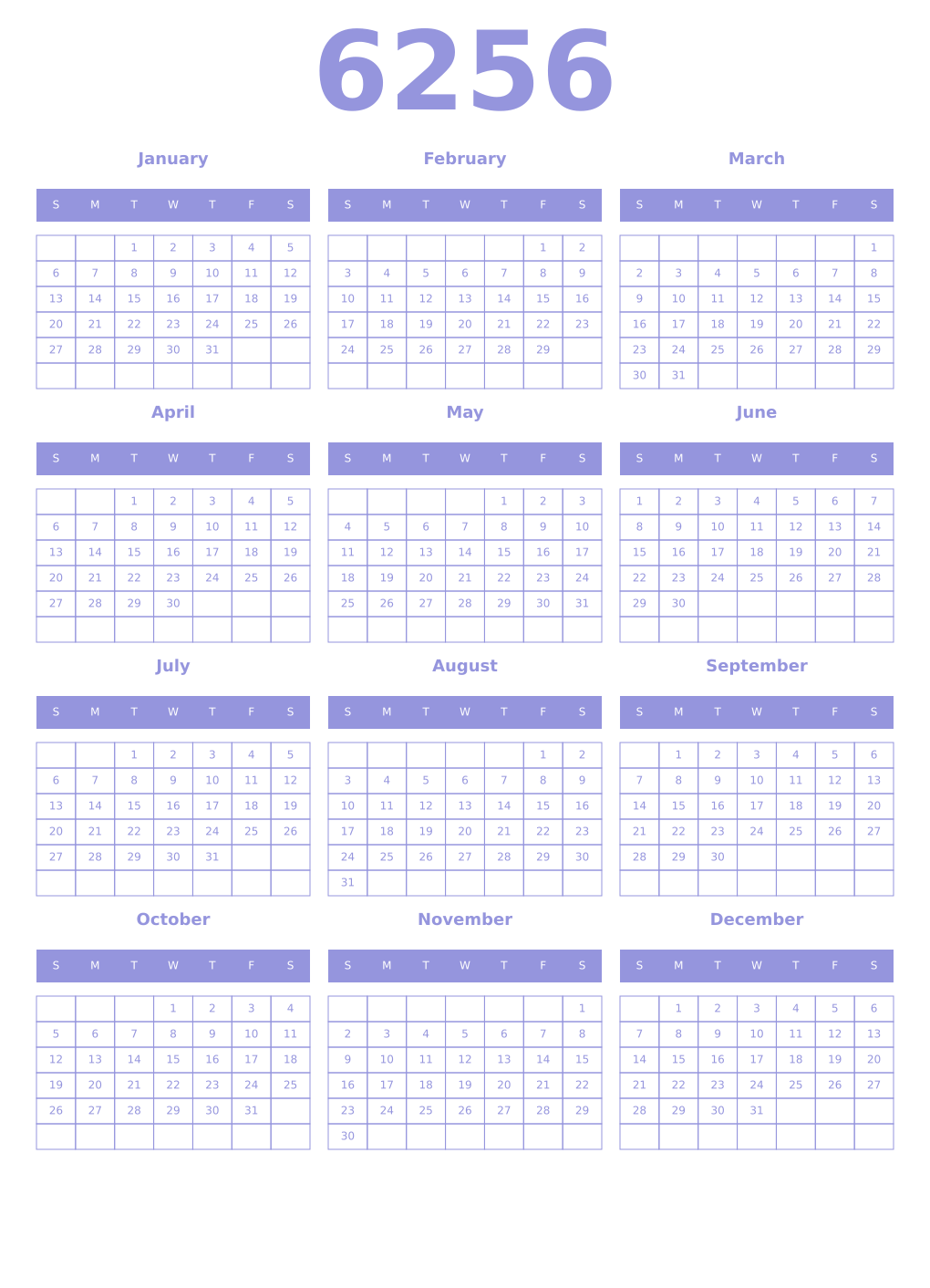 Printable 6256 Year Calendars periwinkle